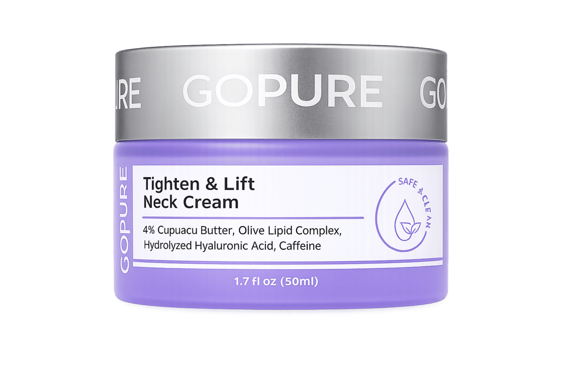 A container of GO PURE Tighten & Lift Neck Cream, featuring a lavender base and a silver lid. The label displays the product name and key ingredients: 4% Cupuacu Butter, 2.5% Matribust®, Hydrolyzed Hyaluronic Acid, and Caffeine. The container holds 1.7 fl oz (50ml) and is marked with "Safe & Clean." The overall design is modern and appealing, suitable for skincare enthusiasts.
