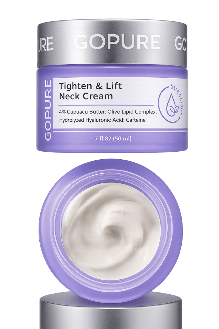 A jar of Gopure Tighten & Lift Neck Cream is displayed. The jar features a light purple color with a silver lid. The label includes product details, highlighting ingredients like 4% Cupuacu Butter, 2.5% Matrixbust®, Hydrolyzed Hyaluronic Acid, and Caffeine. The cream inside is a smooth, creamy texture, showcasing its use for skin tightening and lifting. The jar has a capacity of 1.7 fl oz (50ml) and bears the words "Safe & Clean" prominently on the label.
