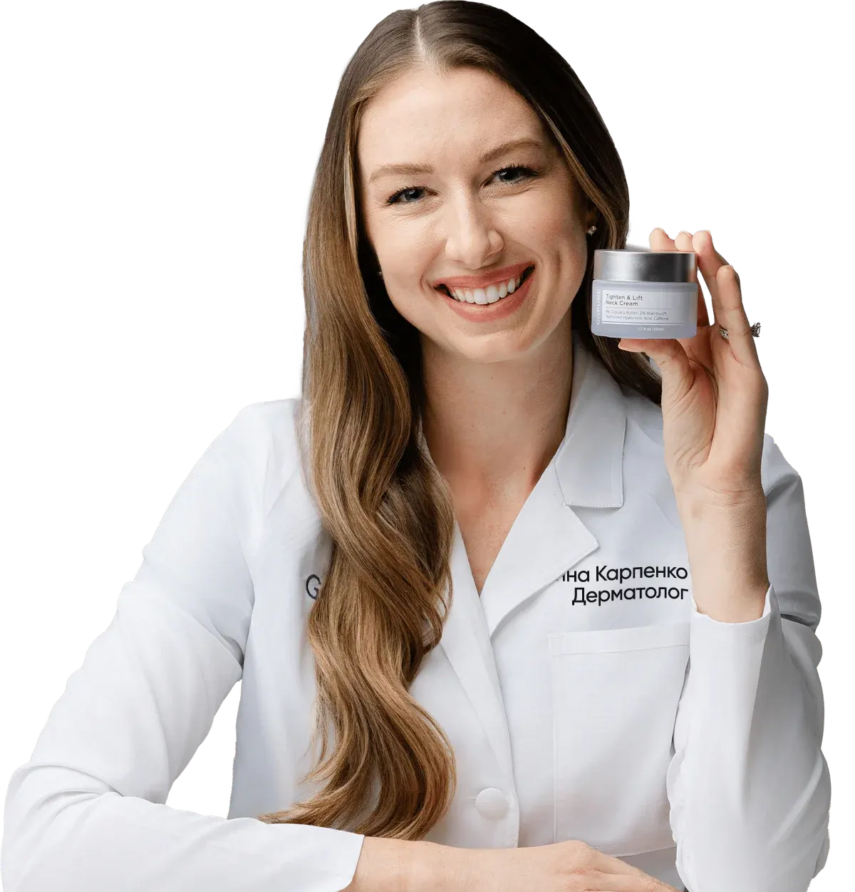 A smiling woman in a white lab coat holds a skincare cream jar, labeled "Tighten & Lift Face Cream." She has long, wavy hair and is sitting with her arms crossed on a table. The background is plain black, emphasizing her professional attire and the product she is promoting.